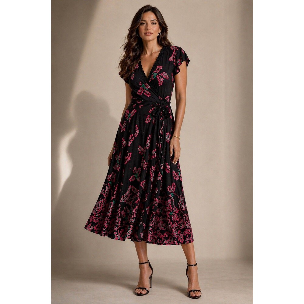 Temperley London Women’s 10 Wrap Dress Midi Short Sleeve Black Pink Floral Print